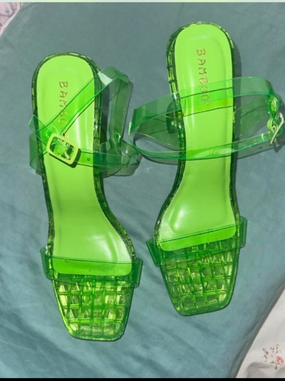 BAMBOO Neon Green Clear-Strap Block Heel Sandals